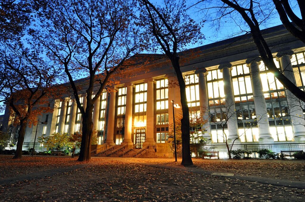 Harvard Law School Library in Langdell Hall at night